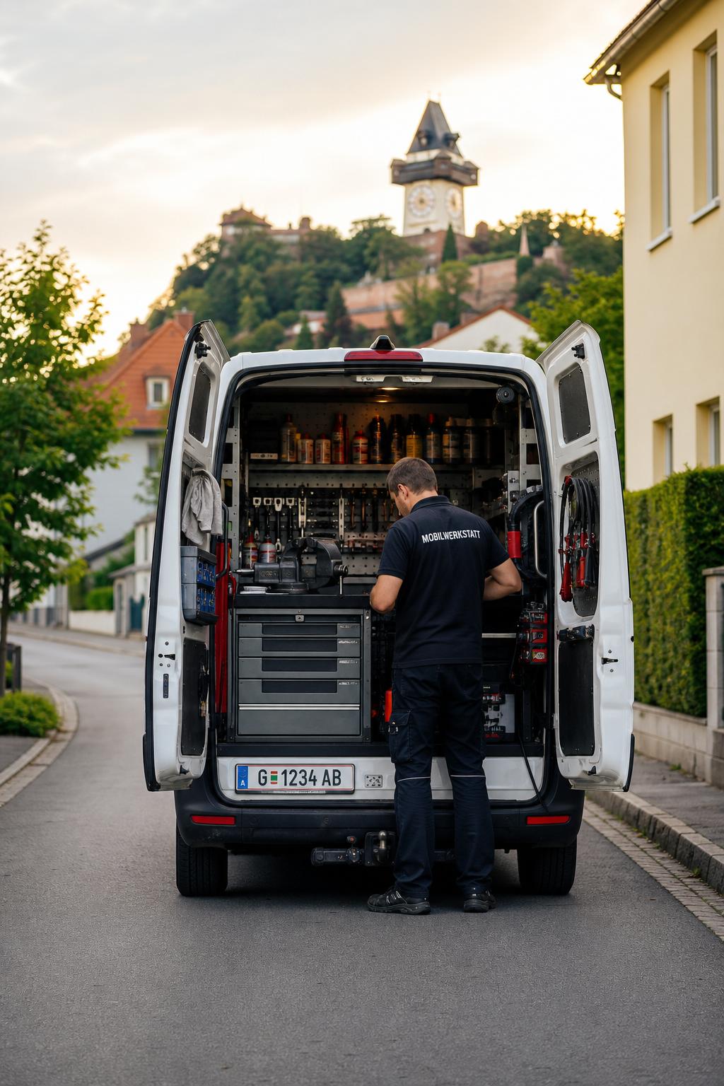 CBR Service Mobilwerkstatt mit Grazer Kennzeichen vor dem Uhrturm